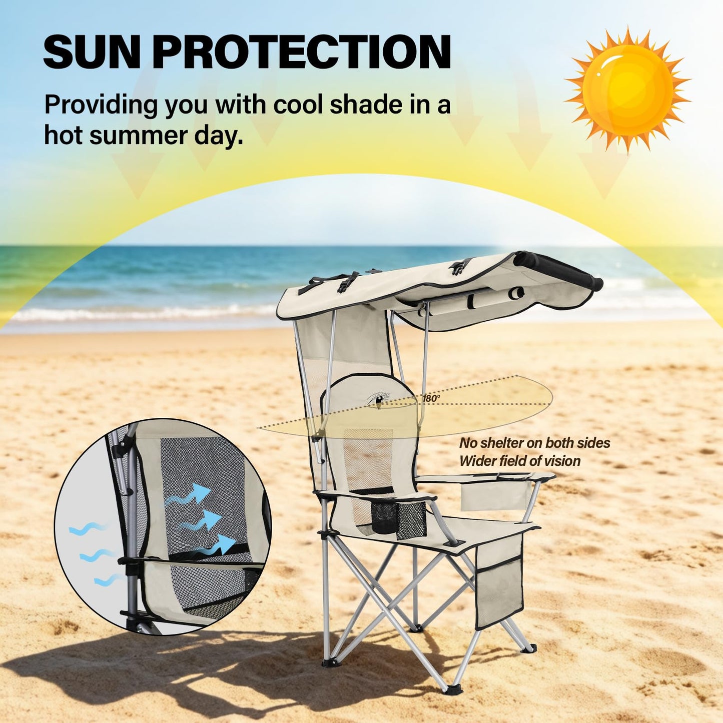 Camping Chair with Canopy, Outdoor Folding Lawn Recliner