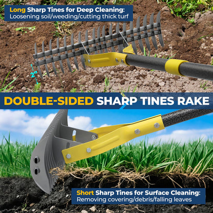 70‑Inch Metal Dethatching Rake, 15 Inch Wide Double‑Edged Sharp Tines for Lawn Care