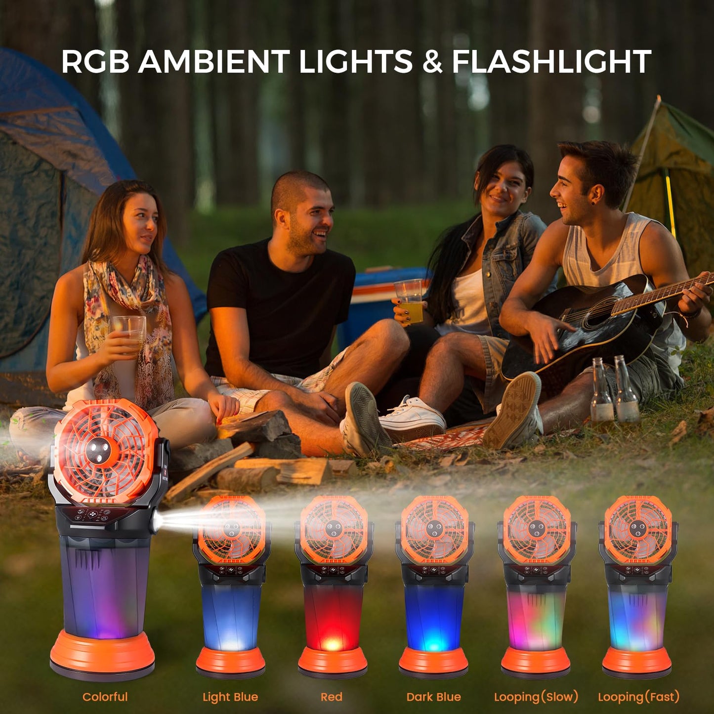 120° Oscillating Portable Misting Fan, 20000‑mAh Battery Outdoor Fan with Remote & RGB Light