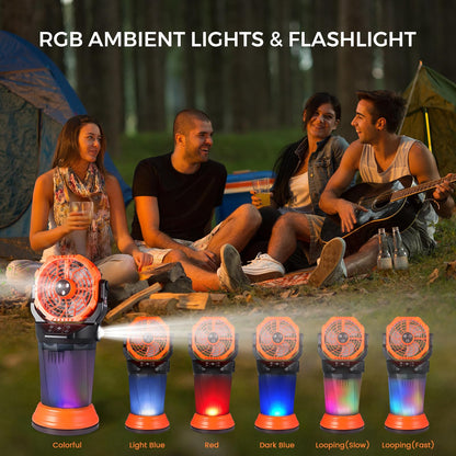 120° Oscillating Portable Misting Fan, 20000‑mAh Battery Outdoor Fan with Remote & RGB Light