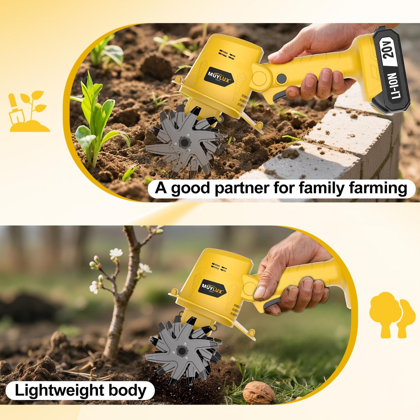 20V Cordless Electric Garden Tiller with Battery and Charger for Soil Cultivating