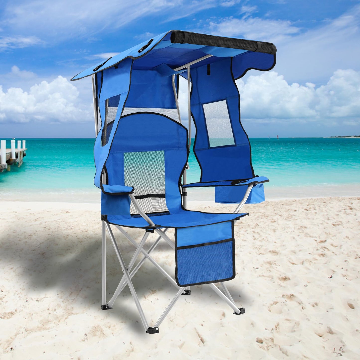 Camping Chair with Canopy, Outdoor Folding Lawn Recliner