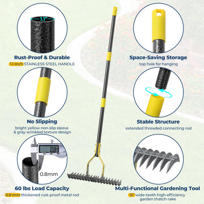 70‑Inch Metal Dethatching Rake, 15 Inch Wide Double‑Edged Sharp Tines for Lawn Care