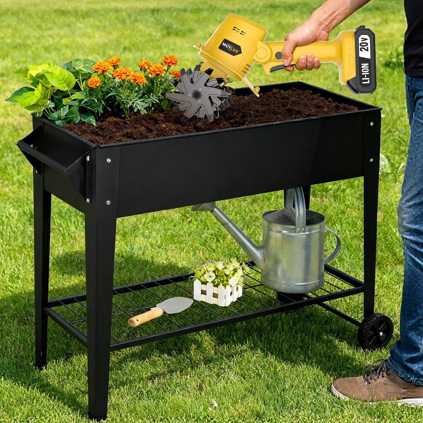 20V Cordless Electric Garden Tiller with Battery and Charger for Soil Cultivating