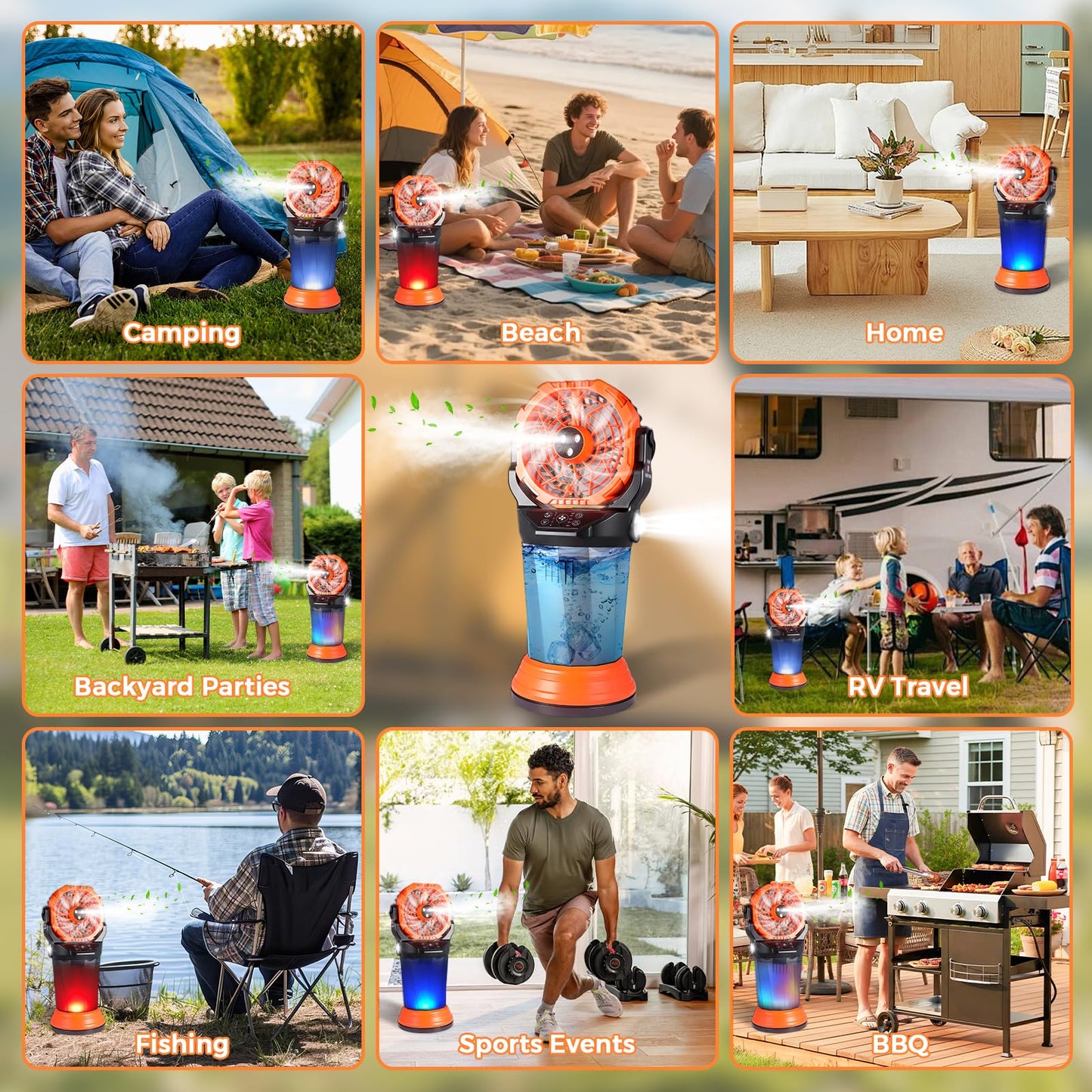 120° Oscillating Portable Misting Fan, 20000‑mAh Battery Outdoor Fan with Remote & RGB Light