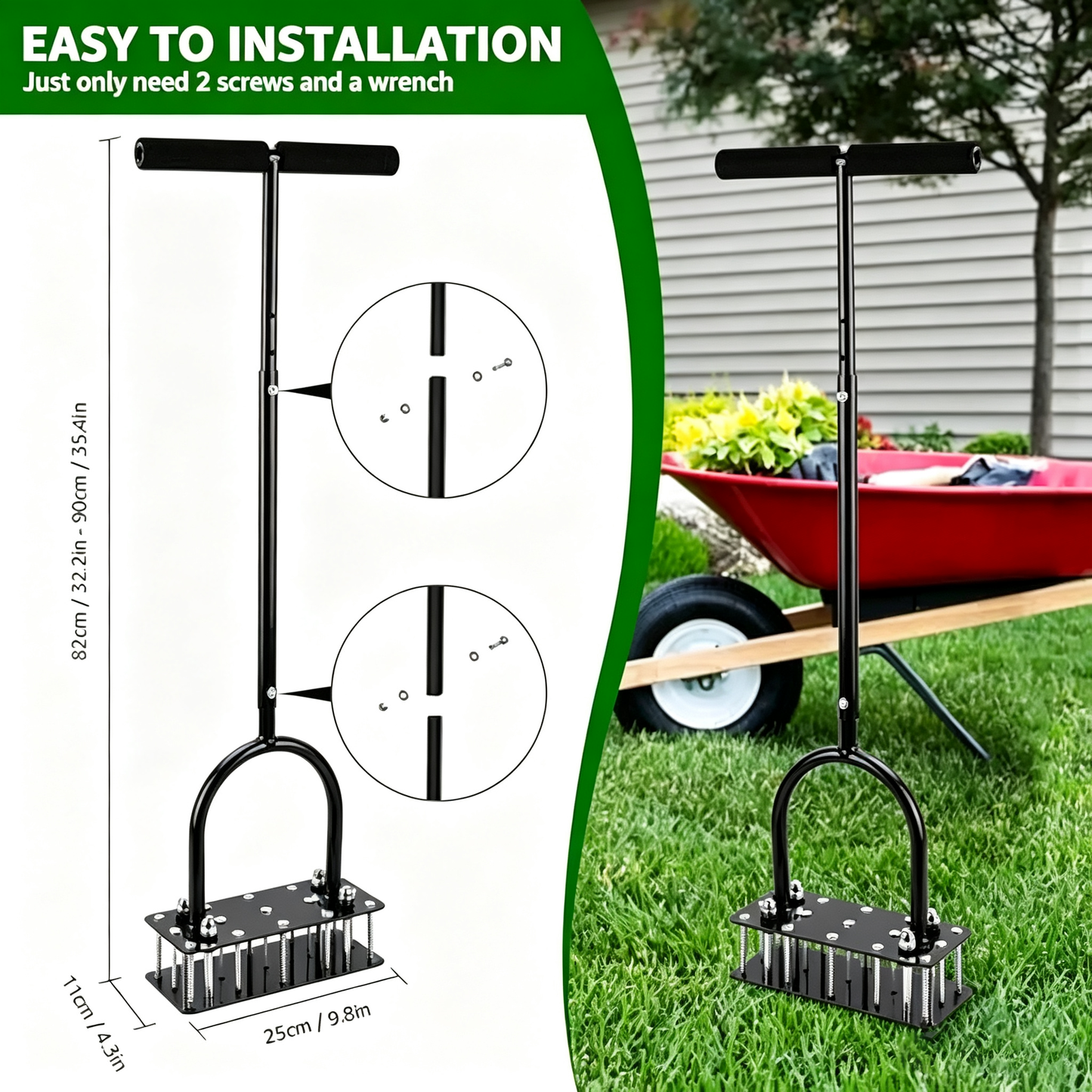 Adjustable Height Manual Lawn Aerator, 15 Iron Spikes Self‑Clean Grass Aerator Black for Yard