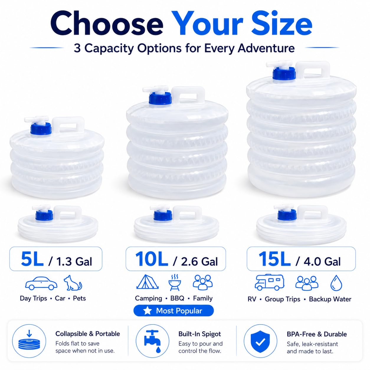 Collapsible 15L Water Container with Spigot & Carry‑Handle, Foldable Outdoor Water Storage Jug