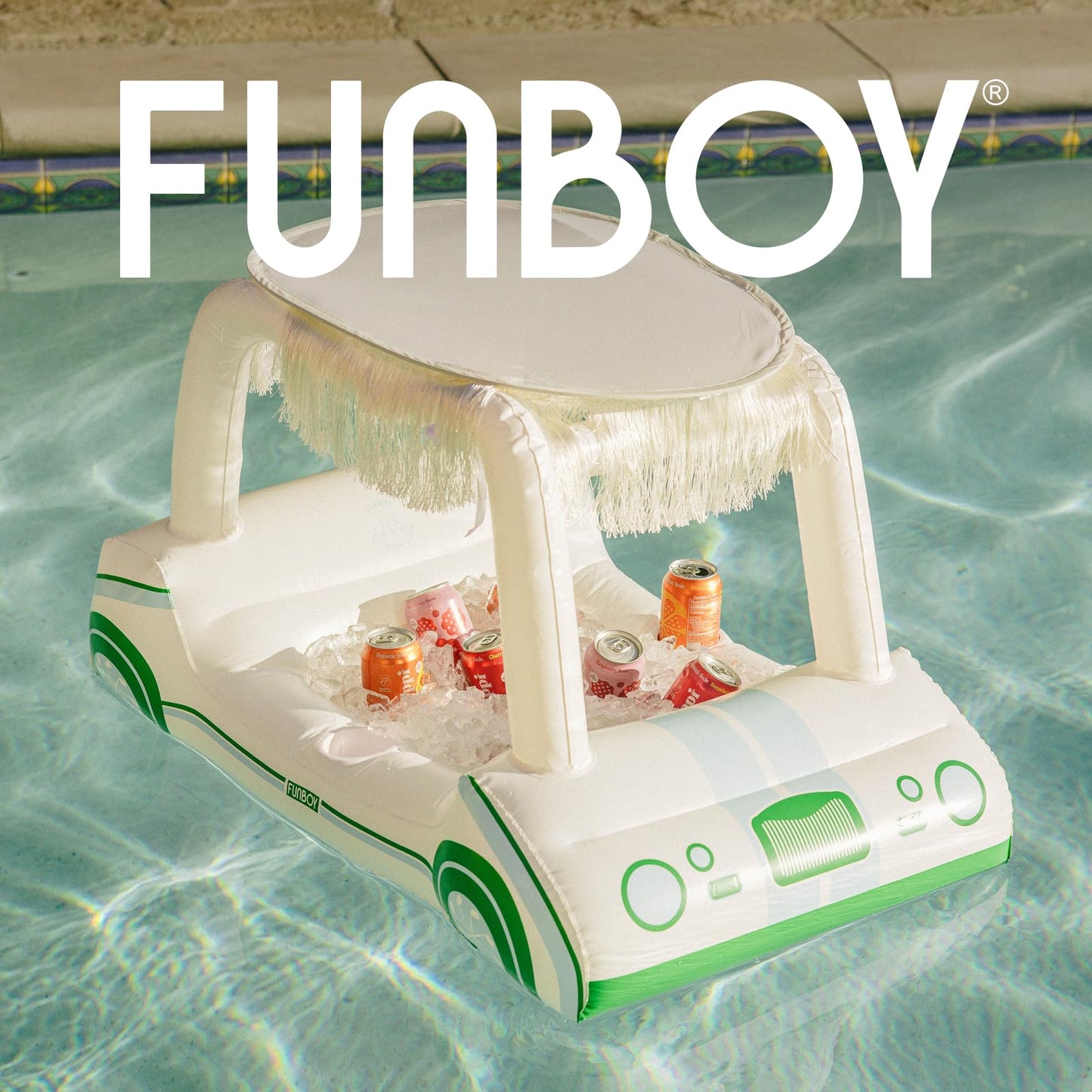 Golf Cart Inflatable Floating Drink Cooler, Pool Float with Cup Holders & Detachable Fringe Shade