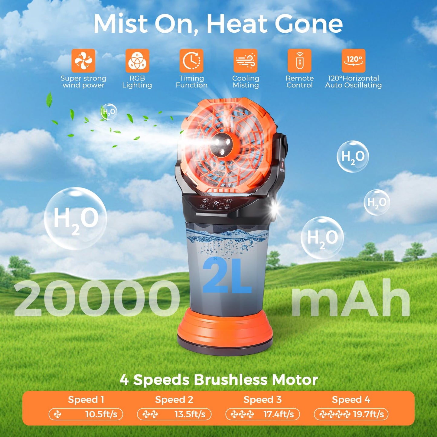 120° Oscillating Portable Misting Fan, 20000‑mAh Battery Outdoor Fan with Remote & RGB Light