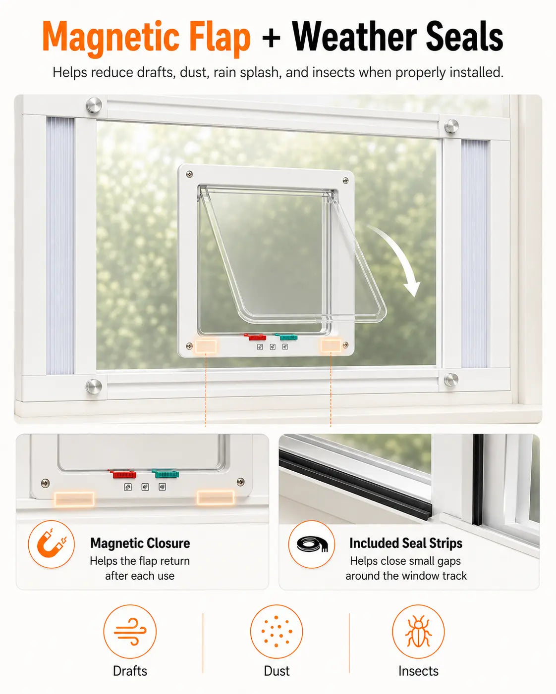 No‑Drill Vertical Sash Cat Window Insert, Aluminum Frame Fits 23.5‑37.5 Inch Windows
