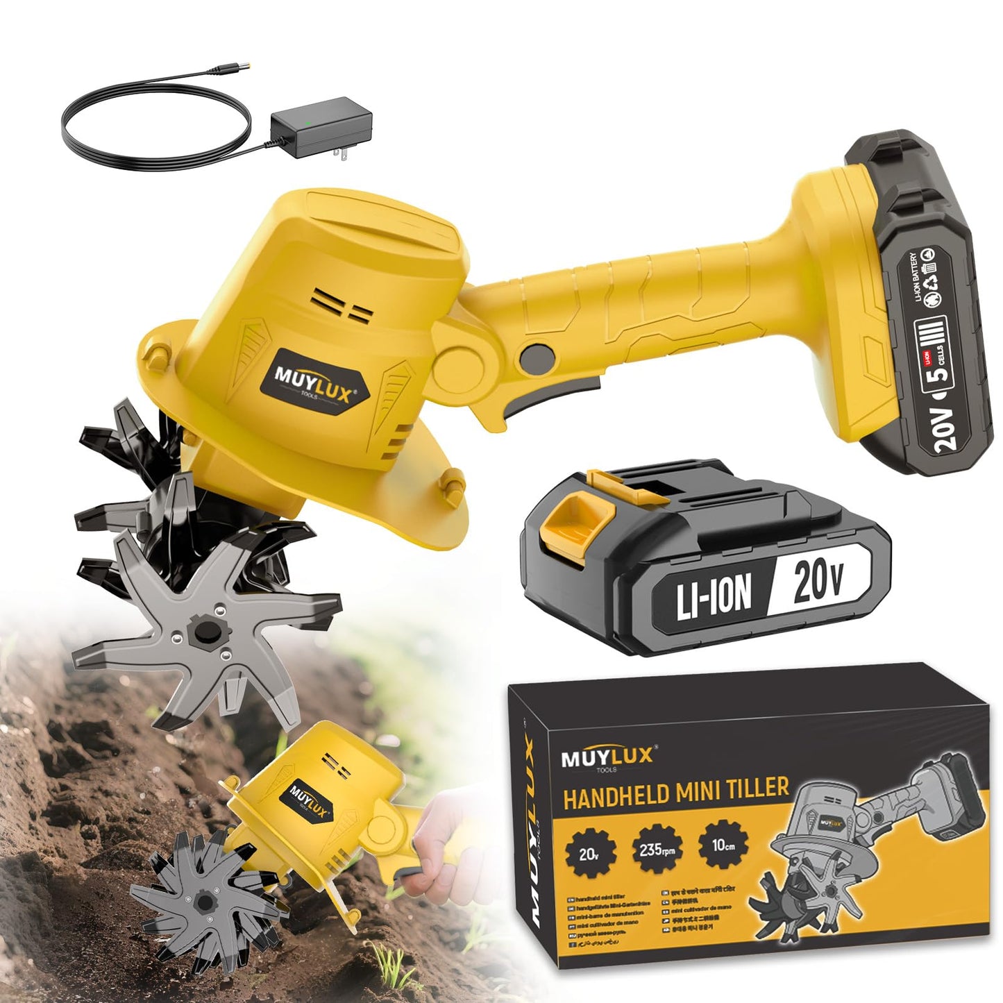 20V Cordless Electric Garden Tiller with Battery and Charger for Soil Cultivating