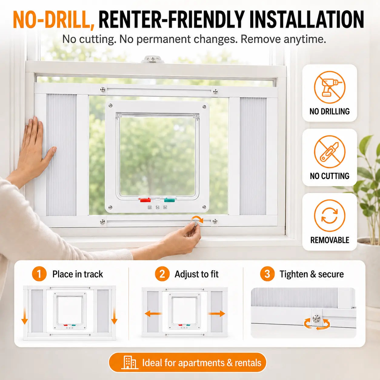 No‑Drill Vertical Sash Cat Window Insert, Aluminum Frame Fits 23.5‑37.5 Inch Windows