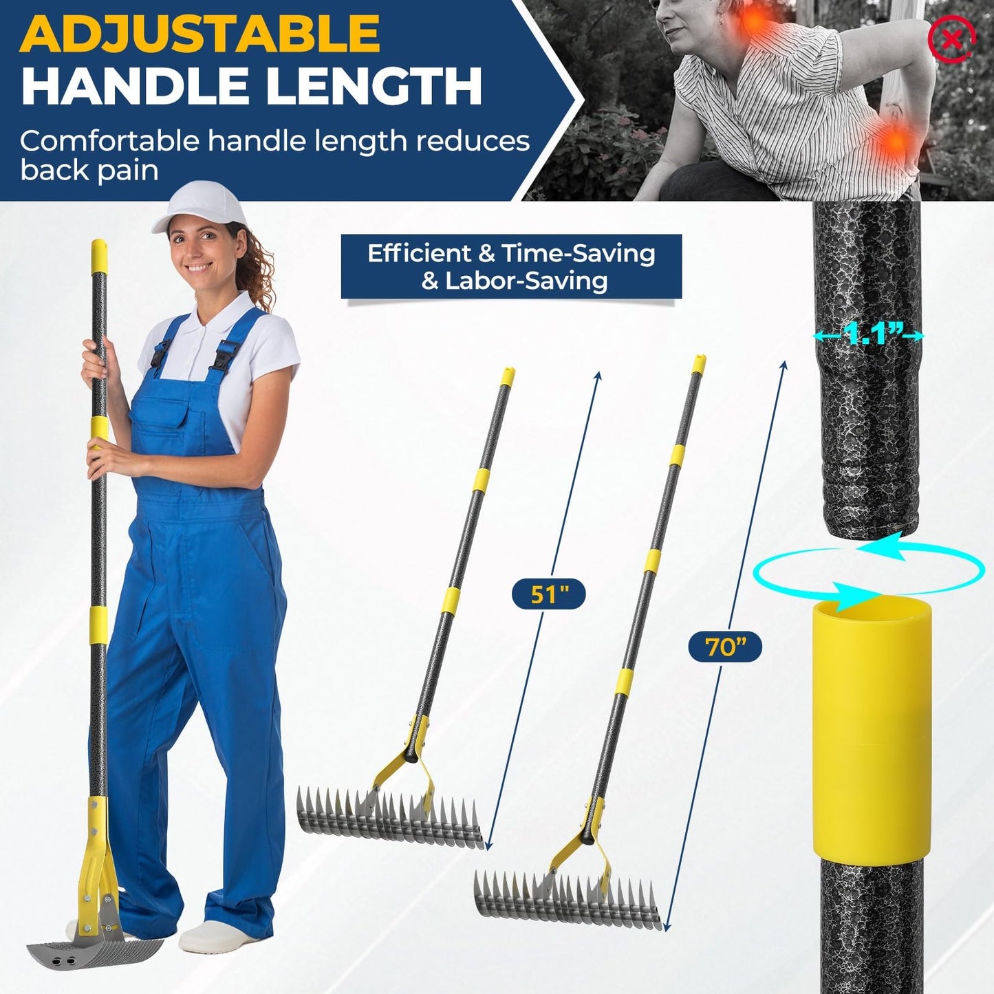 70‑Inch Metal Dethatching Rake, 15 Inch Wide Double‑Edged Sharp Tines for Lawn Care