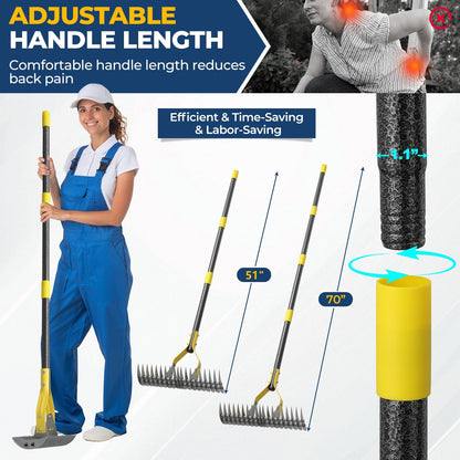 70‑Inch Metal Dethatching Rake, 15 Inch Wide Double‑Edged Sharp Tines for Lawn Care