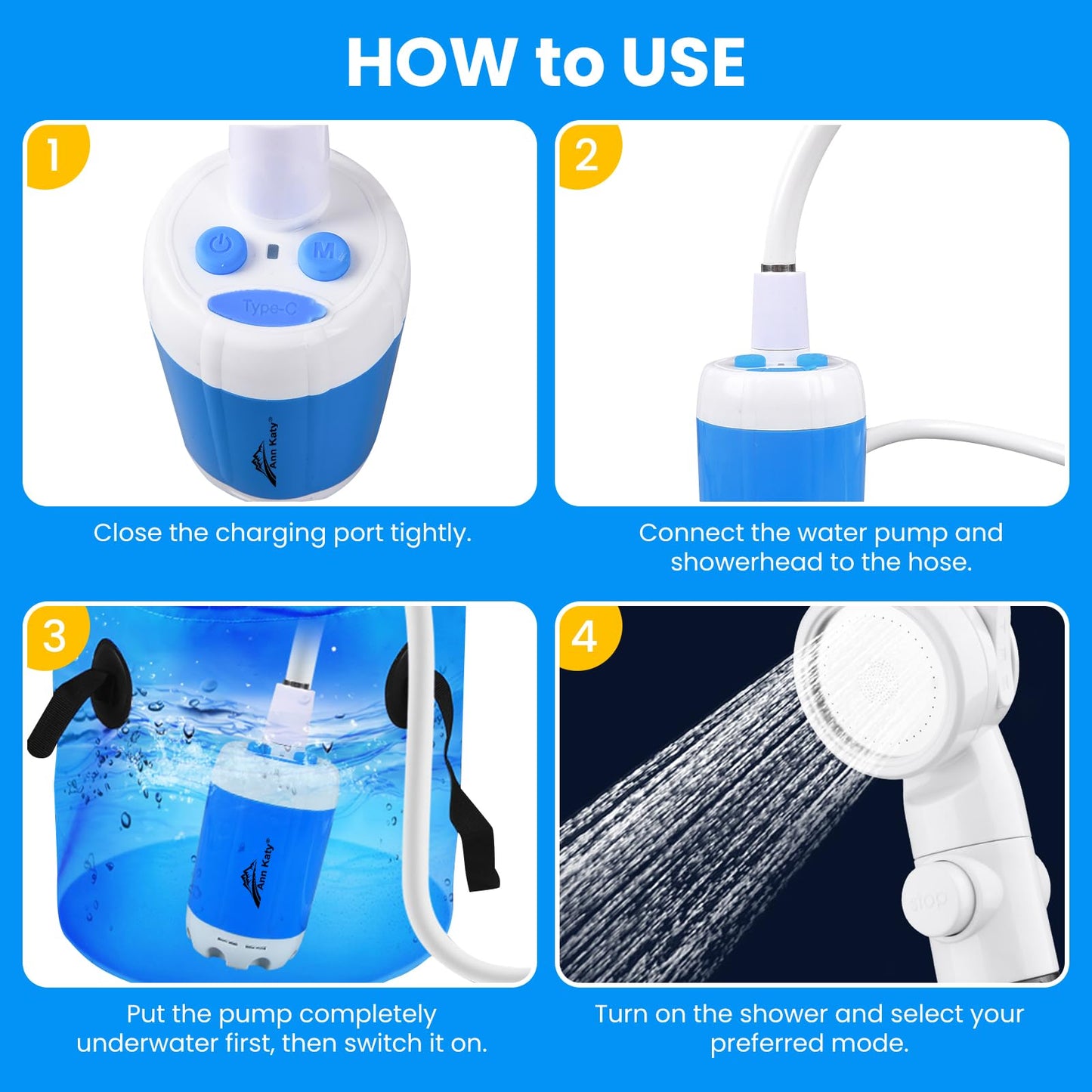 Rechargeable Portable Camping Shower Pump, Outdoor Electric Shower Kit